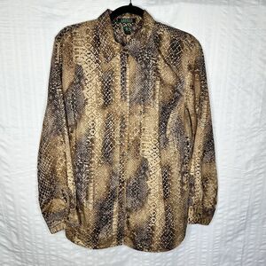 Lauren Ralph Lauren Top Womens 1X Brown Snakeskin Button Down Long Sleeve Office